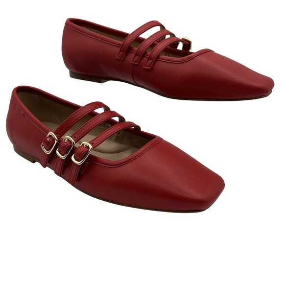 Coconuts New By Matisse 6 Red Triple Strap Mary Jane Ballet Flats Square Toe - Picture 1 of 10